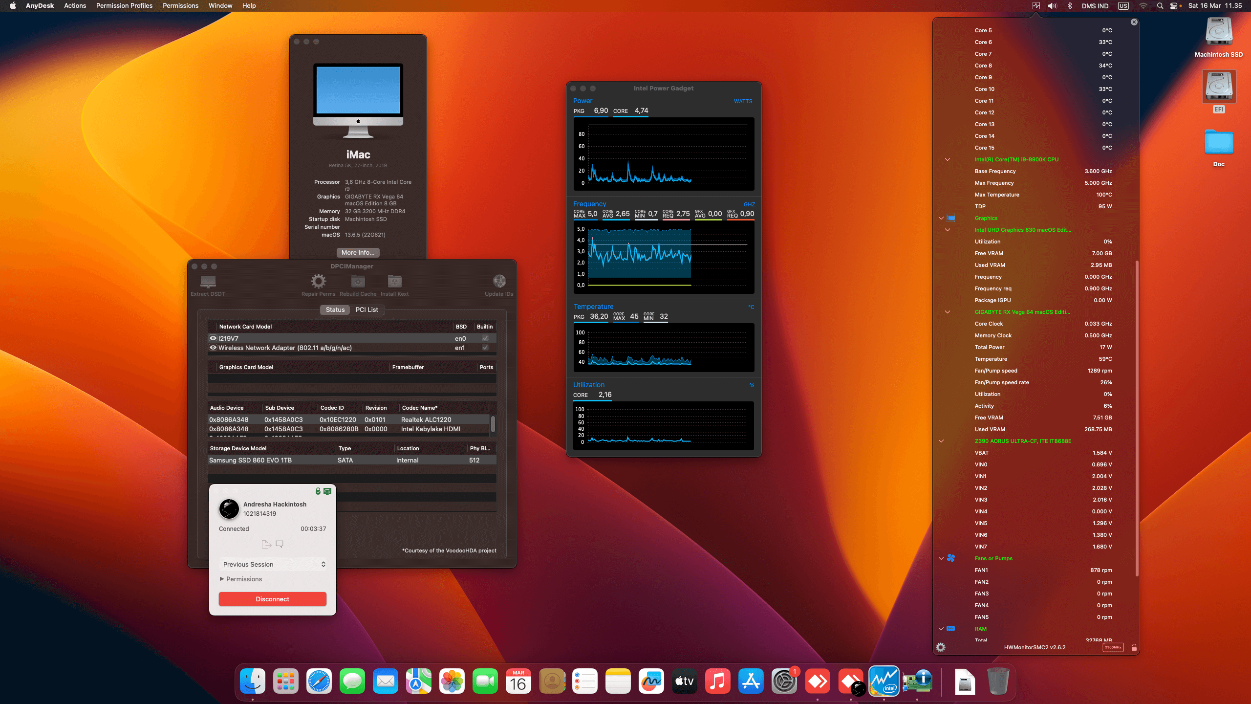 Success Hackintosh macOS Ventura 13.6.5 Build 22G621 in Gigabyte Z390 Aorus Ultra + Intel Core i9 9900K + Gigabyte RX Vega 64
